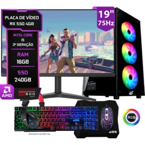 Pc Gamer Completo Setup Ninja Shadow III, RX 550 4GB, Intel Core I5, 16gb Ram, Ssd 240gb, Monitor 19", Kit Periféricos
